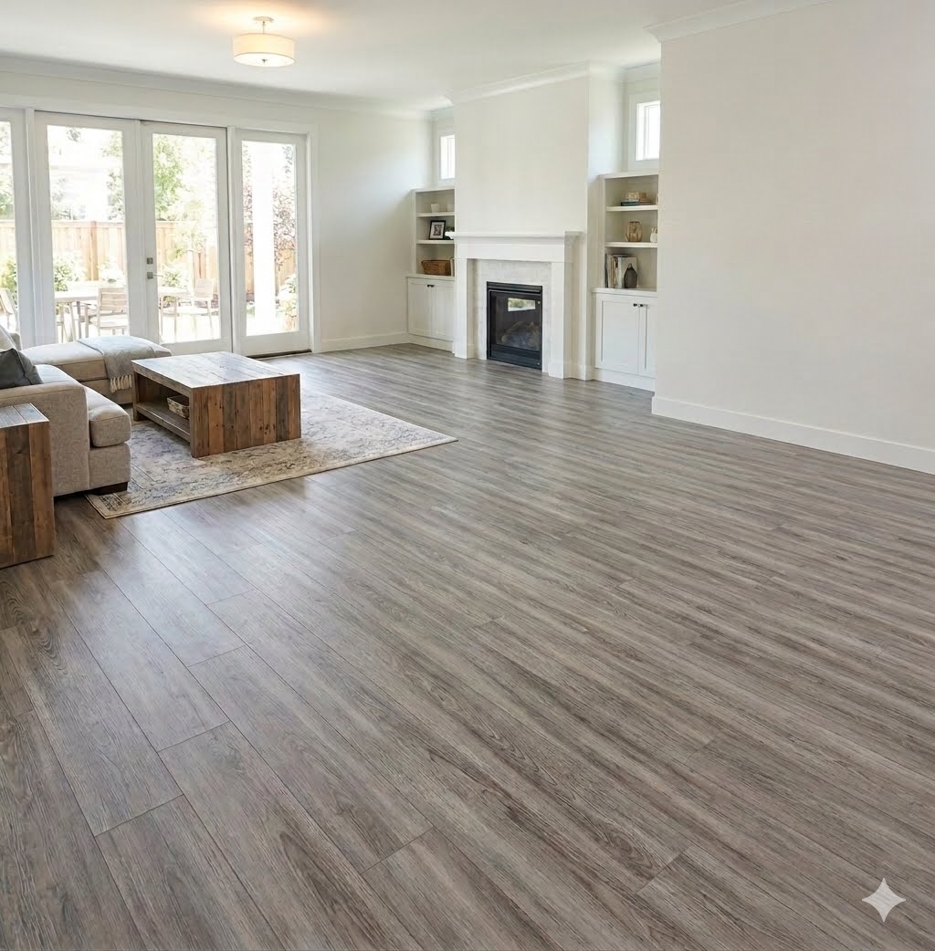 Completed Duramax flooring installation — gray wood-look LVP in a living room