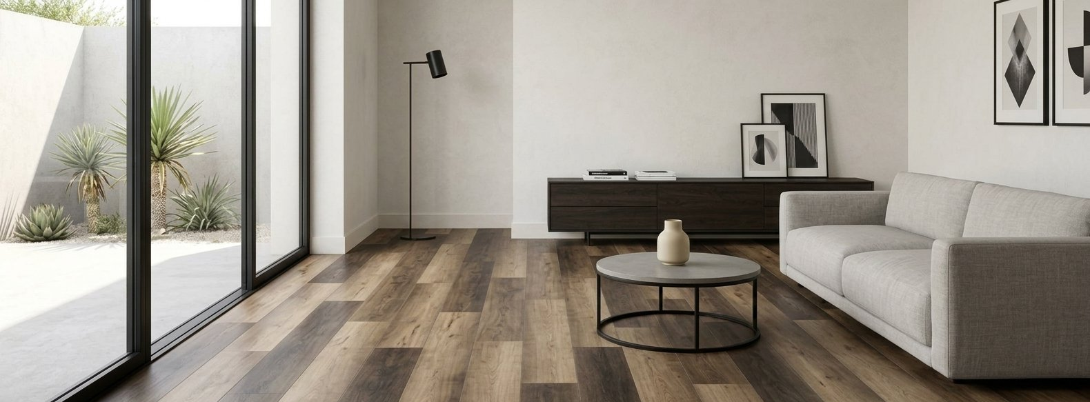 Wood-look LVP flooring installation in a modern living room